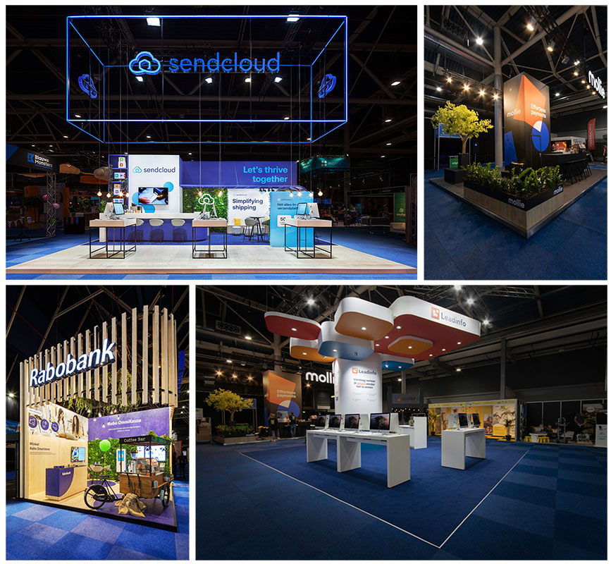 De vier stands gerealiseerd door KOPexpo tijdens de Webwinkel Vakdagen. De stands: SendCloud, Mollie Payments, Rabobank B2B en Lead Info